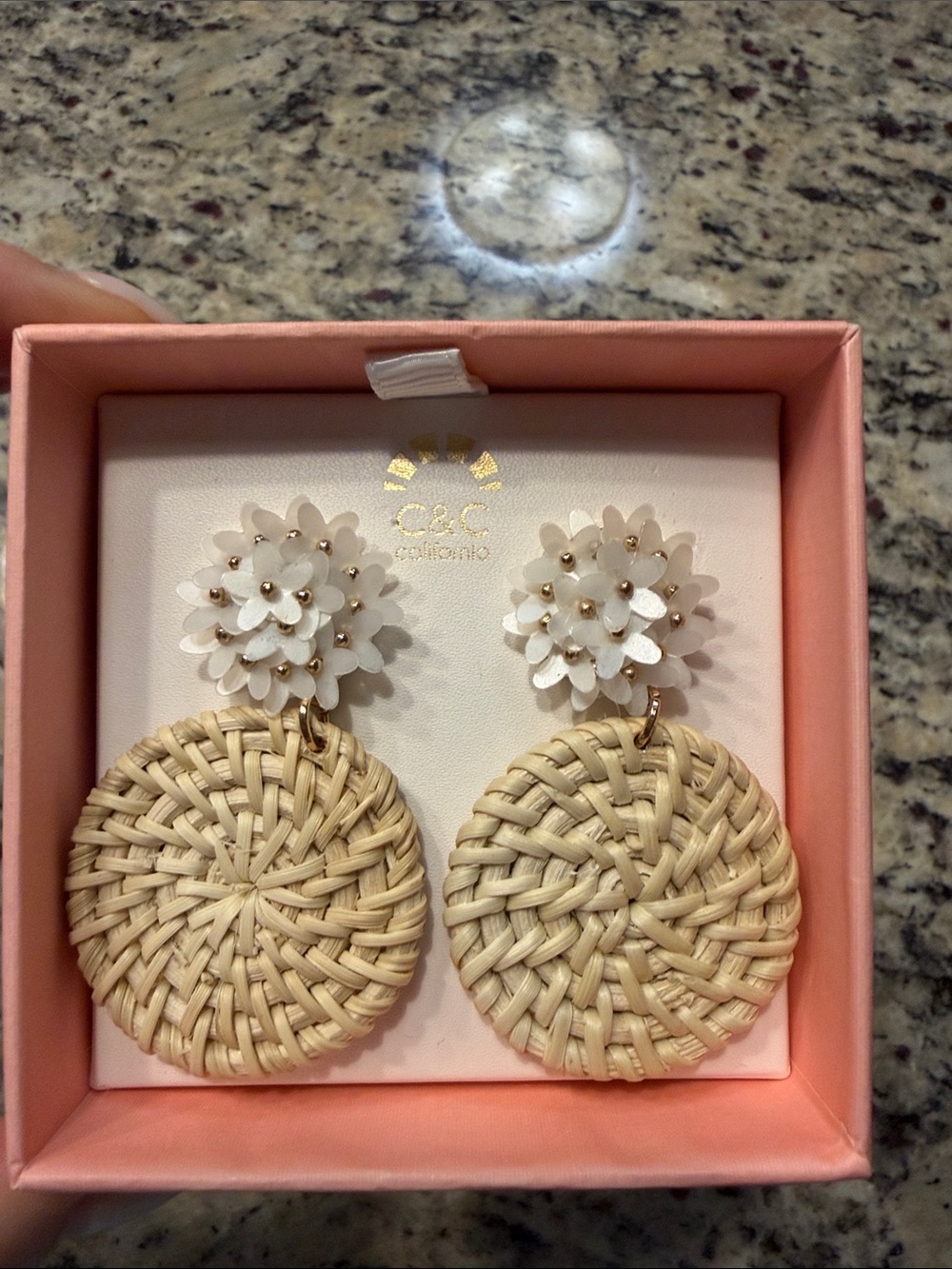 C&C California White Floral Top with Beige Woven Drop Earrings